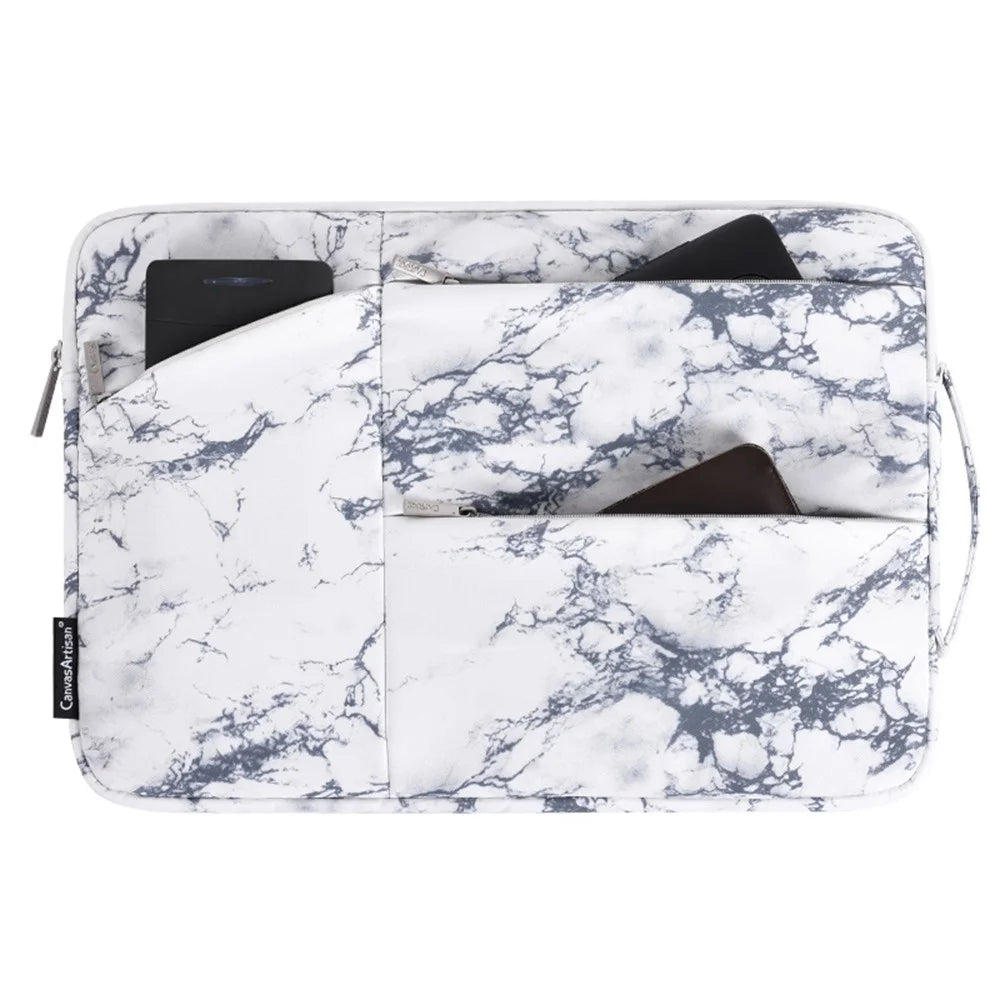 CANVASARTISAN H32-58 Marble Pattern Portable Sleeve Bag for 15 inch Laptops Anti-Scratch Slim Carry Case with 3-Pouches/Handle Strap Waterproof Notebook Bag - White - 1