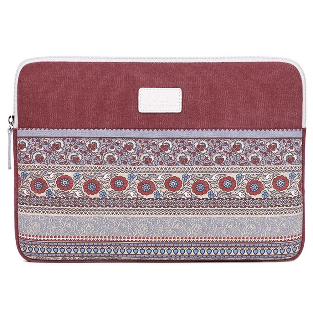 CANVASARTISAN T38-16 Portable Carry Case for 12-inch Notebooks Shockproof Canvas Sleeve Bag National Style Pattern Printed Laptop Bag - Wine Red - 1