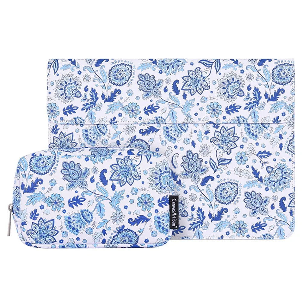CANVASARTISAN E54-T0111 13-inch Anti-scratch Laptop Sleeve Light Blue Flower Pattern Magnetic Flap Envelope Notebook Carrying Case + Small Bag - 1