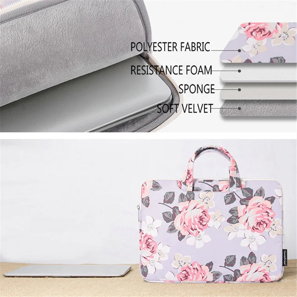 CANVASARTISAN H40-B01 Laptop Sleeve 14-inch Rose Pattern Printed Laptop Carrying Case Protective Computer Bag with Outer Pouch - Grey - 4