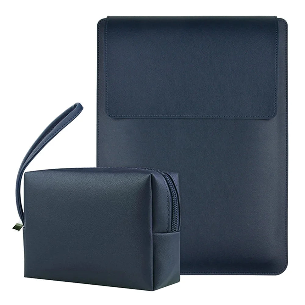 13-inch Anti-Scratch PU Leather Laptop Bag with Adjustable Stand + Small Bag - Navy Blue - 1