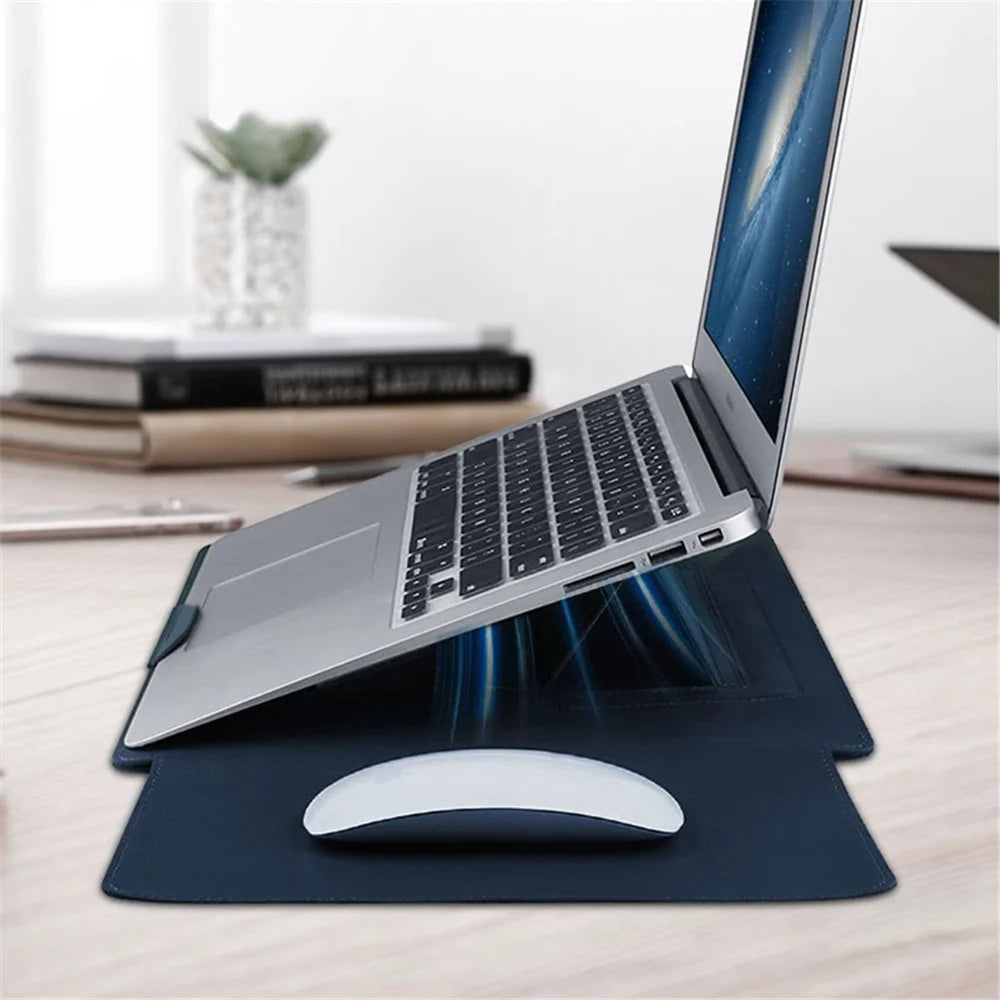 13-inch Anti-Scratch PU Leather Laptop Bag with Adjustable Stand + Small Bag - Navy Blue - 3