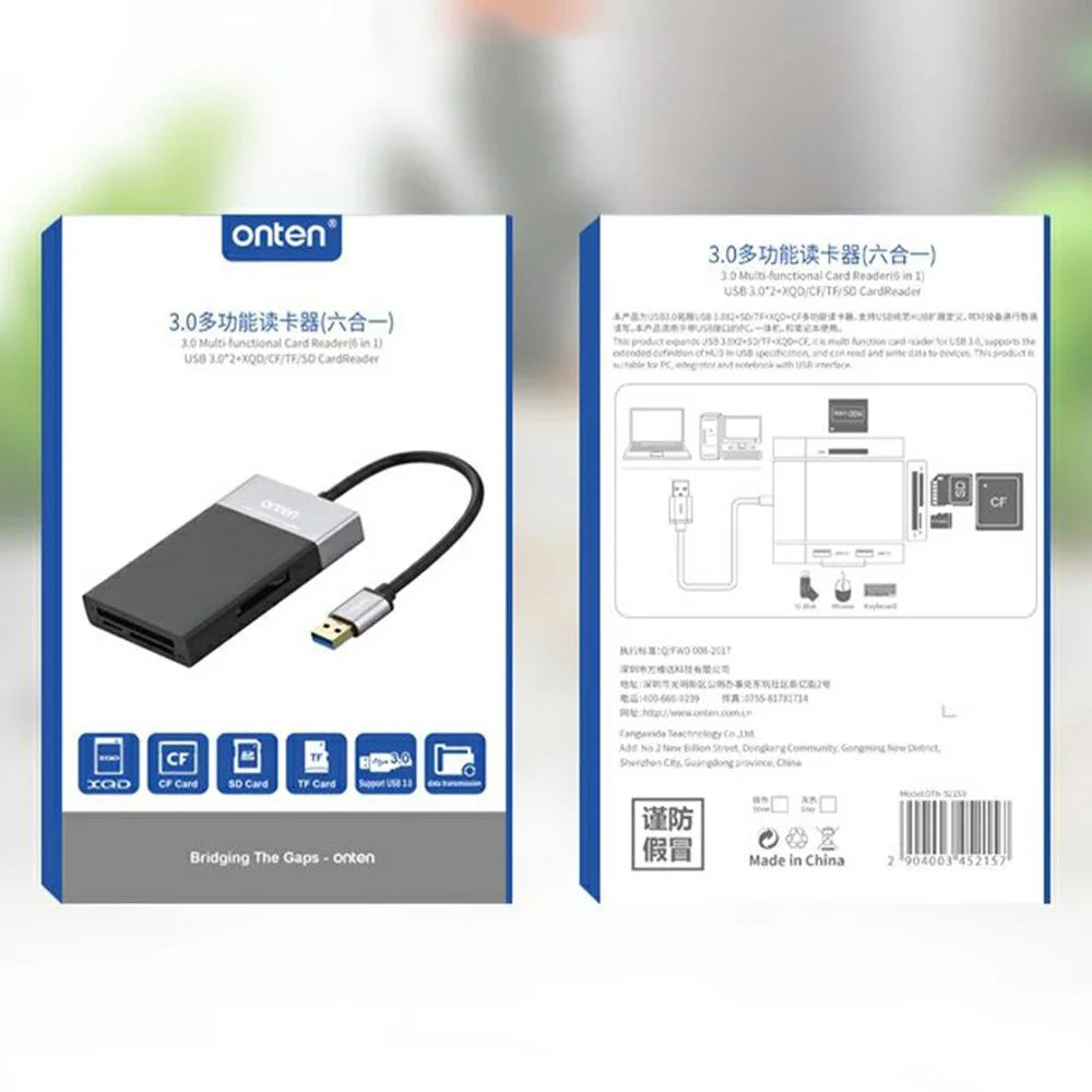 ONTEN OTN5215B SD TF CF XQD Card Reader 2xUSB3.0 6-in-1 Hub OTG Multi-Function Card Reader - 7