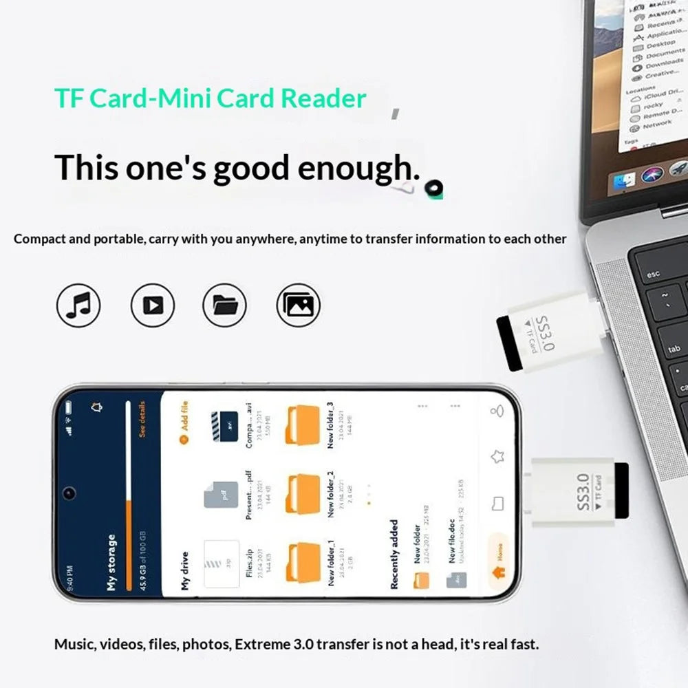 SS3.0 USB-C TF Card Reader Mini Type-C to MicroSD High Speed 3.0 Adapter for Windows / MacOS / Linux / Android / iOS - White - 6