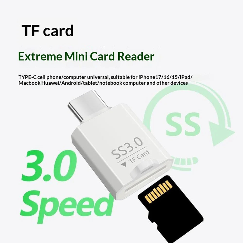 SS3.0 USB-C TF Card Reader Mini Type-C to MicroSD High Speed 3.0 Adapter for Windows / MacOS / Linux / Android / iOS - White - 7
