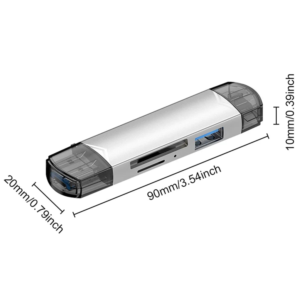MICRODRIVE 6-in-1 Aluminum Alloy Card Reader with USB2.0 / Type-C Plug - Grey - 7