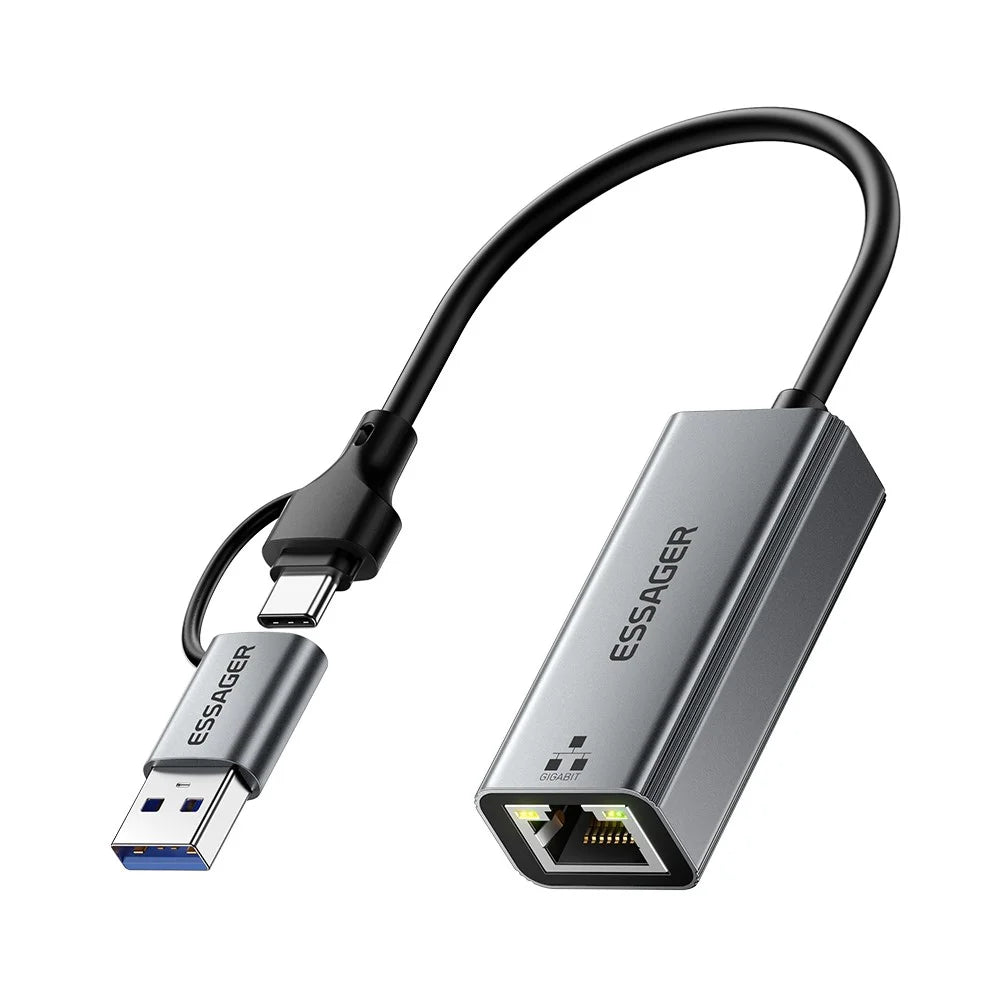ESSAGER 2 in 1 USB-A / Type-C to RJ45 Converter Plug and Play Gigabit Ethernet Adapter for PC Laptop - 1