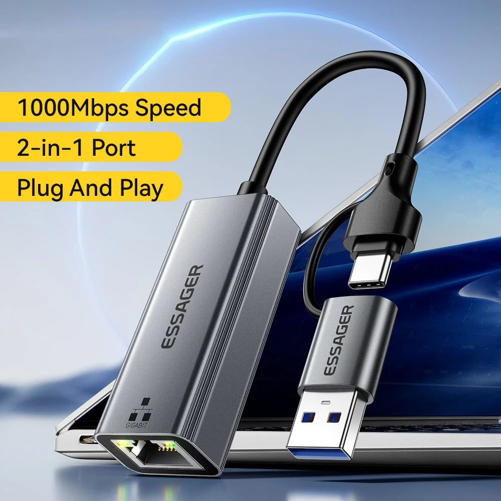 ESSAGER 2 in 1 USB-A / Type-C to RJ45 Converter Plug and Play Gigabit Ethernet Adapter for PC Laptop - 3