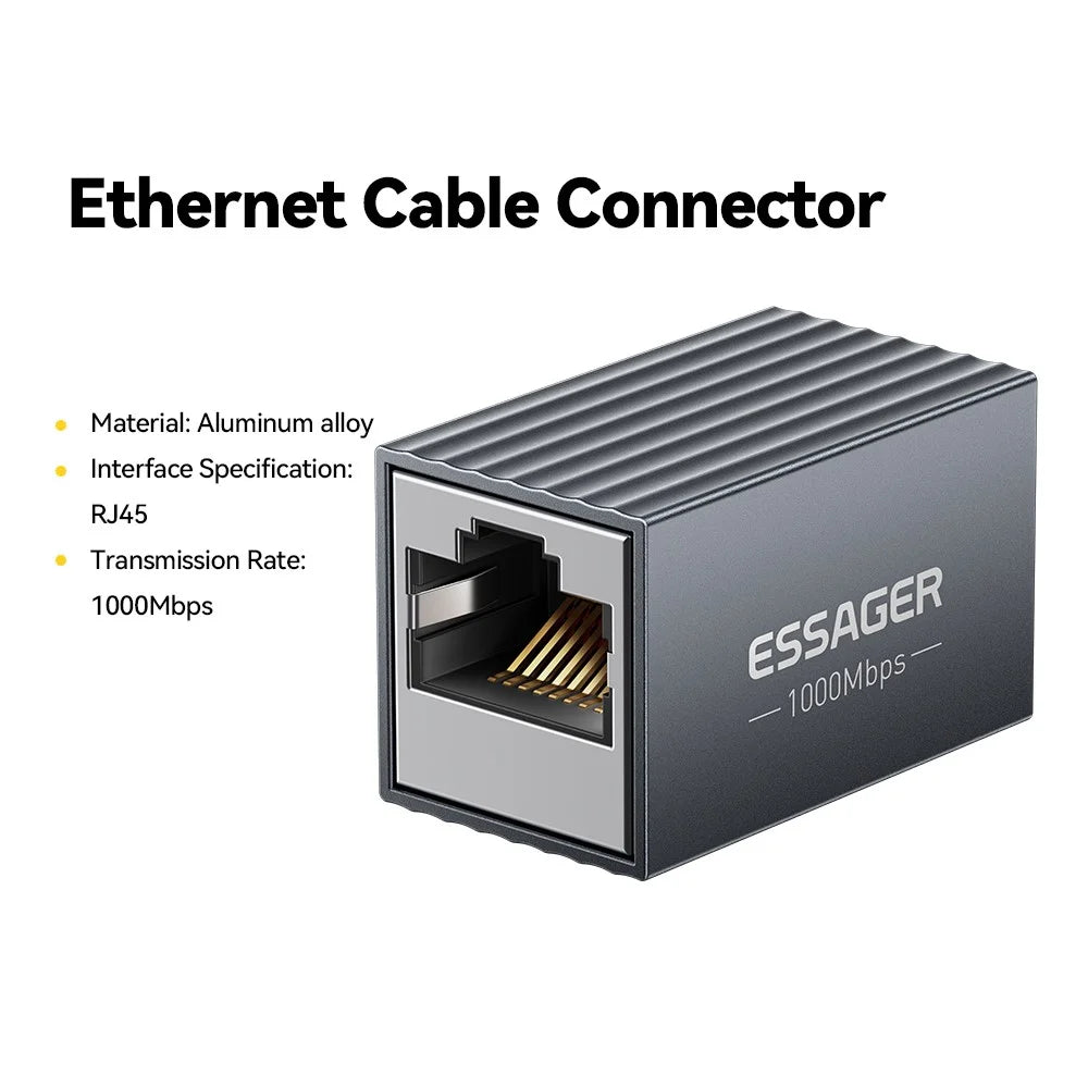 ESSAGER Ethernet Cable Connector RJ45 1000Mbps 100M Extension Aluminum Alloy Extender for Network - 3