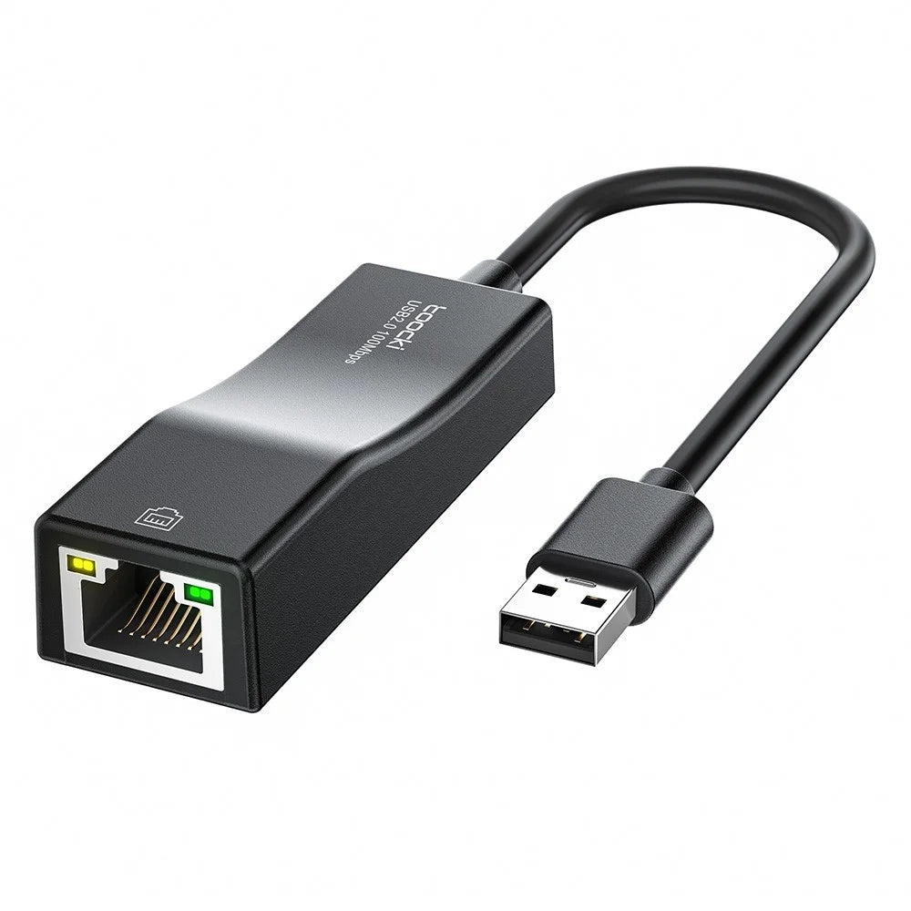 TOOCKI Type-C USB 2.0 Ethernet Adapter 100Mbps Driver Free LED Ethernet Converter for Laptop Switch - Black / USB - 1