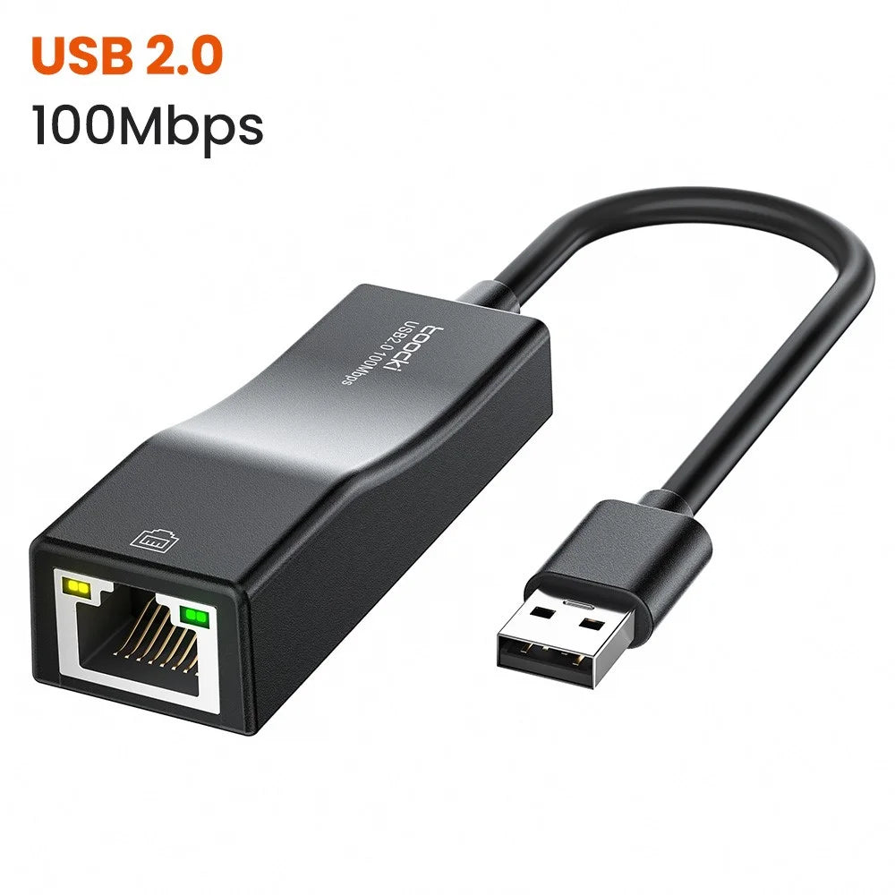 TOOCKI Type-C USB 2.0 Ethernet Adapter 100Mbps Driver Free LED Ethernet Converter for Laptop Switch - Black / USB - 2