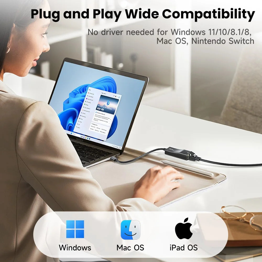 TOOCKI Type-C USB 2.0 Ethernet Adapter 100Mbps Driver Free LED Ethernet Converter for Laptop Switch - Black / USB - 7