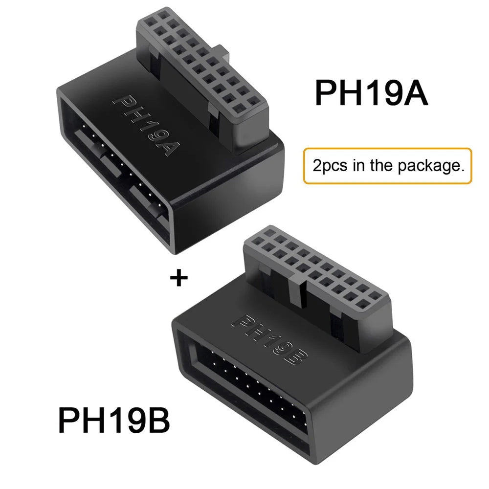 U3-091 PH19A+PH19B 2Pcs USB 3.0 20Pin Male to Female Extension Adapter Up and Down Angled 90 Degree Overmold Converter - 2