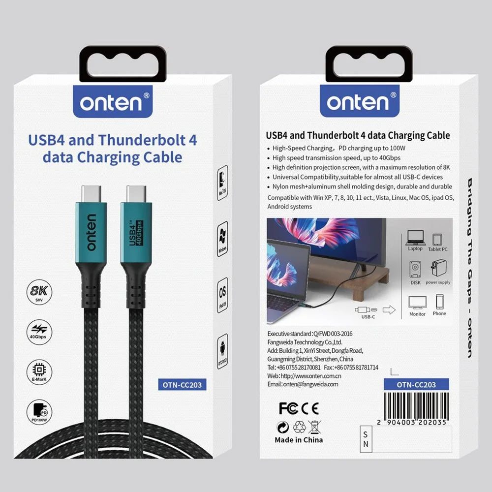 ONTEN 1m OTN-CC203 USB4 Cable 40Gbps PD 100W Charging Full Function Braided Video Data Cable - 6