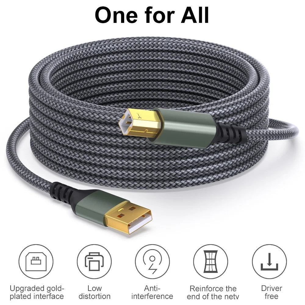 3m USB-A Male to USB-B 2.0 Male Printer Cable 480Mbps Data Transfer Braided Extension Cord - Grey - 4