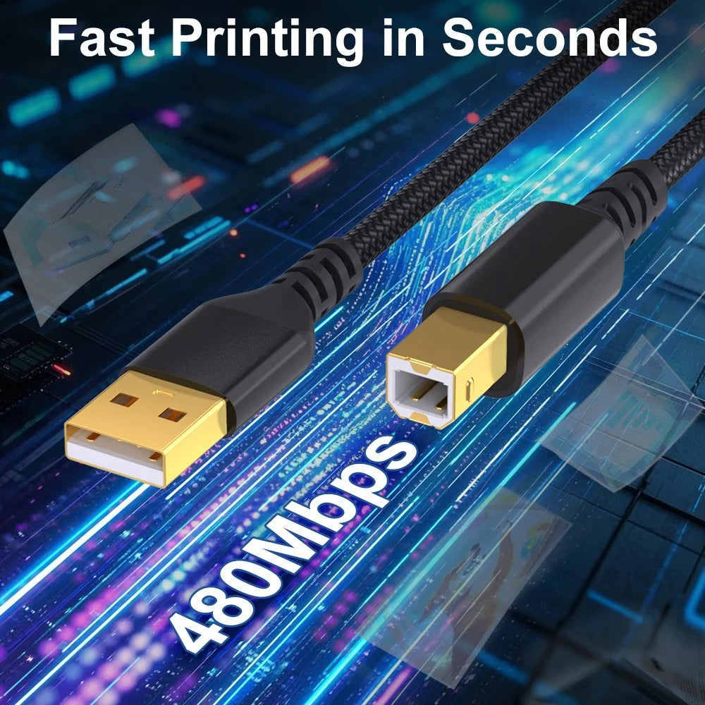3m USB-A Male to USB-B 2.0 Male Printer Cable 480Mbps Data Transfer Braided Extension Cord - Grey - 7