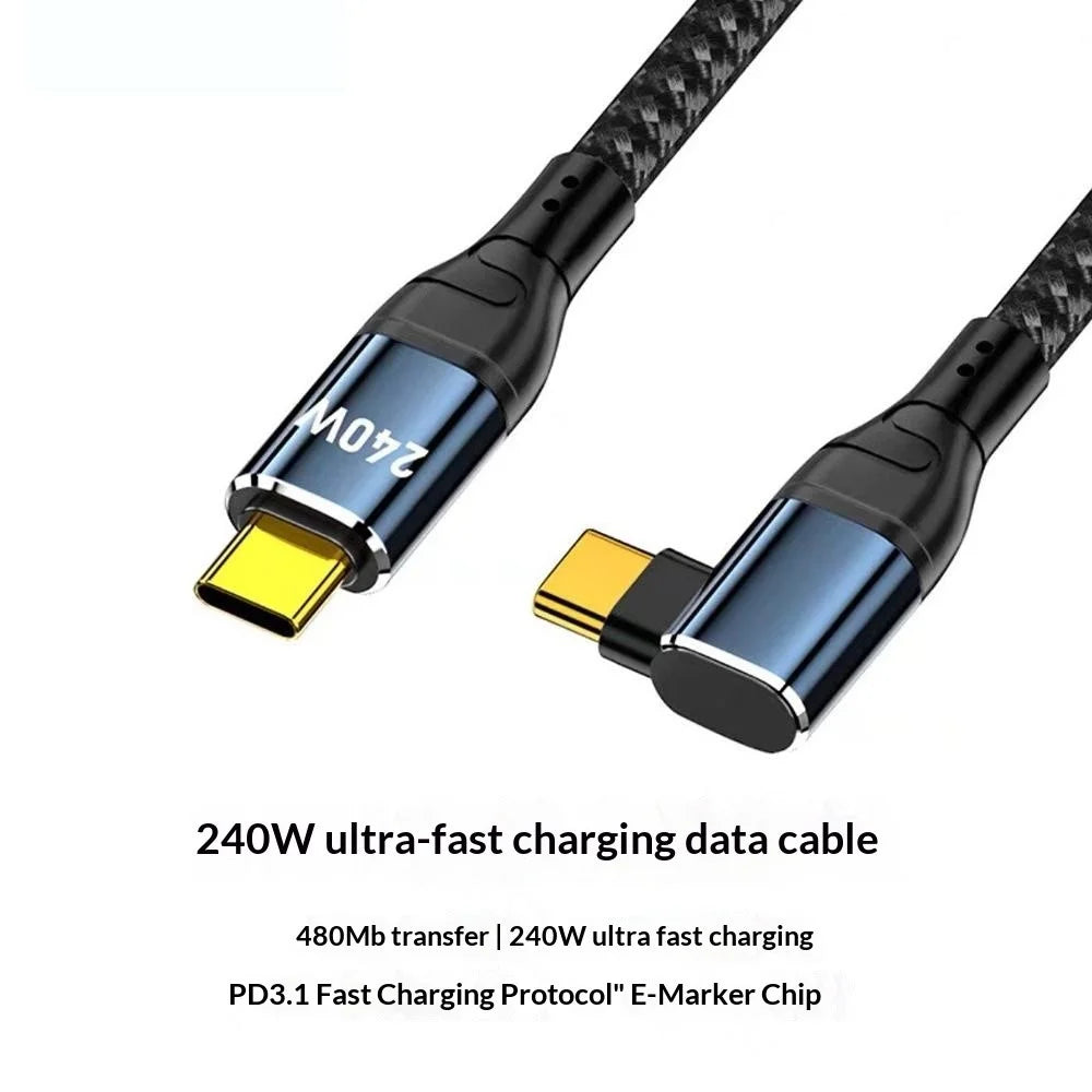 D24110 1m Side Right-Angle USB-C to USB-C Cable 240W PD 3.1 Fast Charging E-Marker Chip Data Cord for Laptop - Black - 2