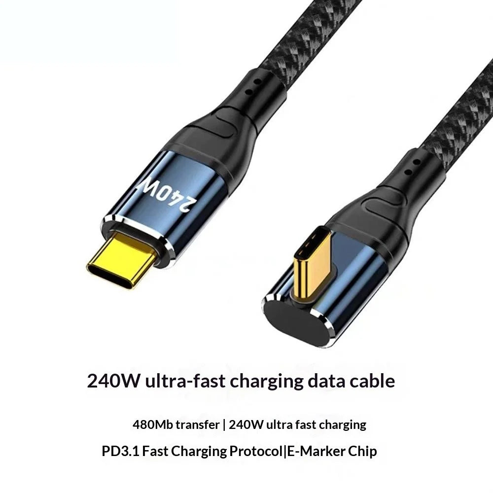 D24205 50cm Center Right Angle USB-C to USB-C Cable PD 240W Fast Charging Data Cord for Laptop - Black - 2