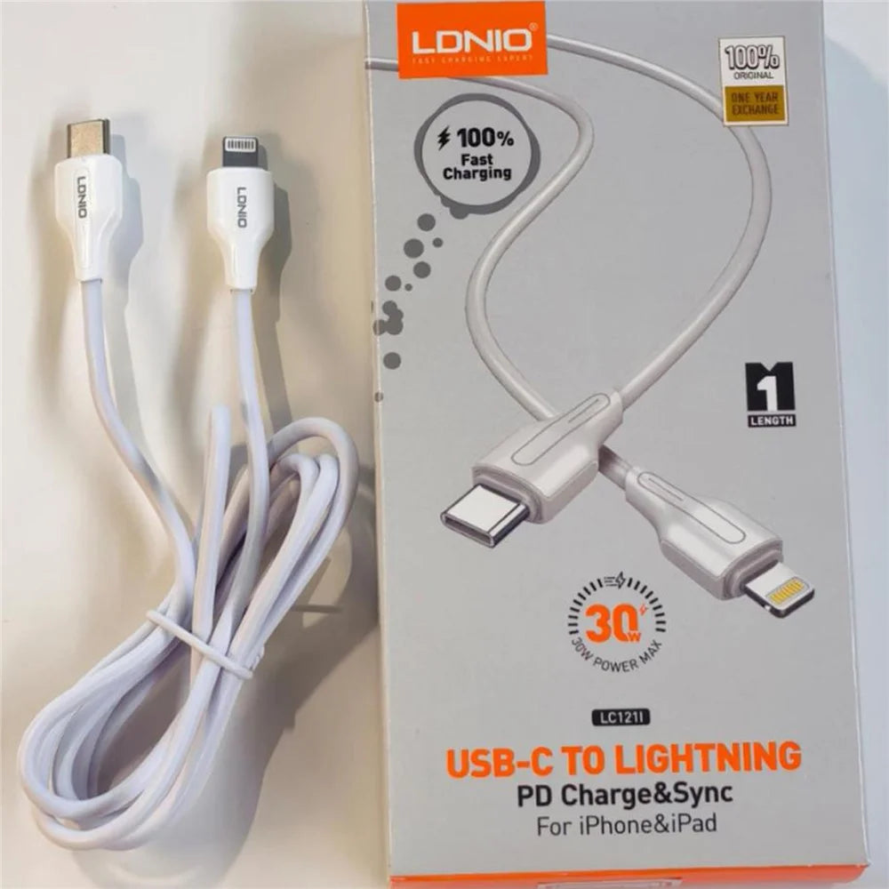 LDNIO LC121-I 2m USB-C to iP (5-14) Cable 30W PD / QC Fast Charging Data Cable for iPhone iPad - White - 7