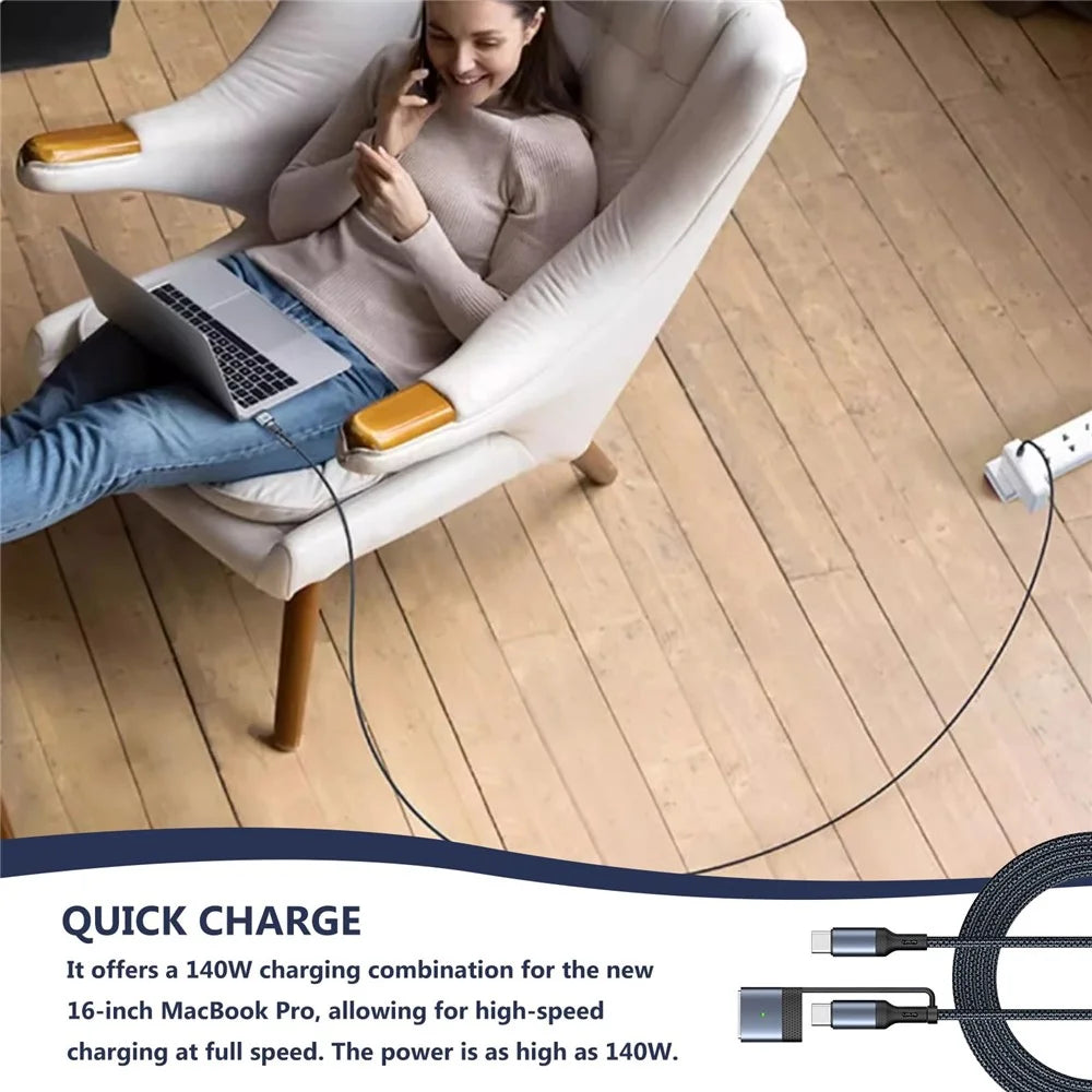140W / 240W 3-in-1 USB-C to USB-C + Compatible with MagSafe 3 Cable Magnetic Braided Charging Cable for MacBook Air (2022) M2 / MacBook Pro 14 (2021) / (2023) / Pro 16 (2021) / (2023) - Blue - 4