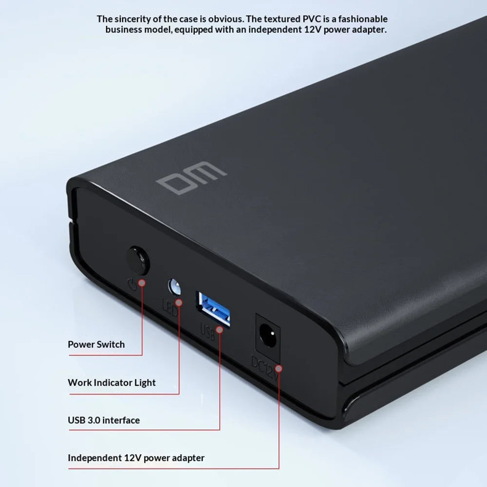 DM HD035 3.5 Inch USB3.0 SATA External Hard Drive Enclosure for HDD SSD up to 16TB - Black - 3
