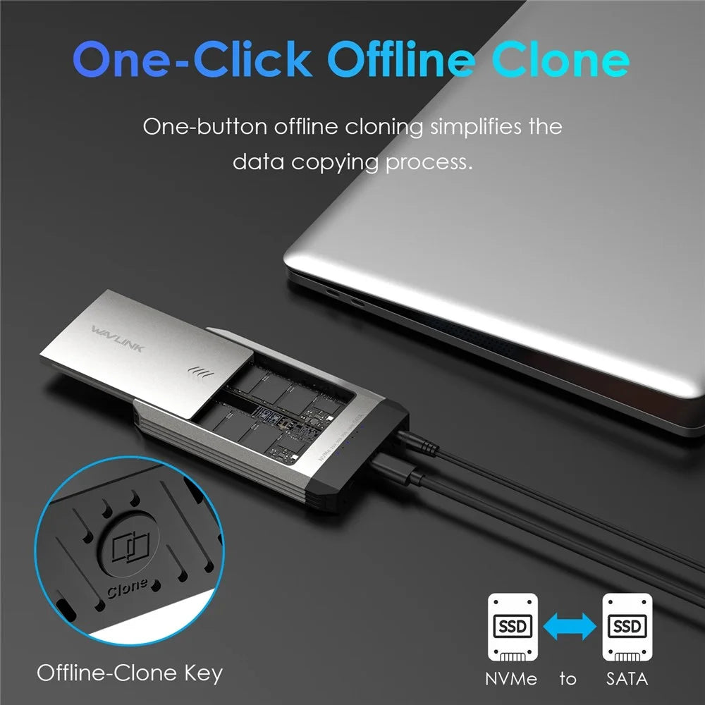 WAVLINK ST347 Dual Slot M.2 SSD Enclosure USB-C 3.2 Gen2 10Gbps One-Click Offline Clone For Data Migration / Backup - UK Plug - 4
