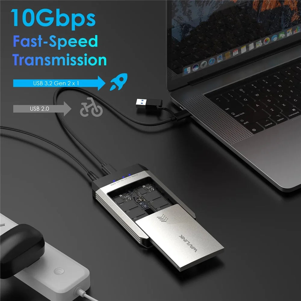 WAVLINK ST347 Dual Slot M.2 SSD Enclosure USB-C 3.2 Gen2 10Gbps One-Click Offline Clone For Data Migration / Backup - UK Plug - 5