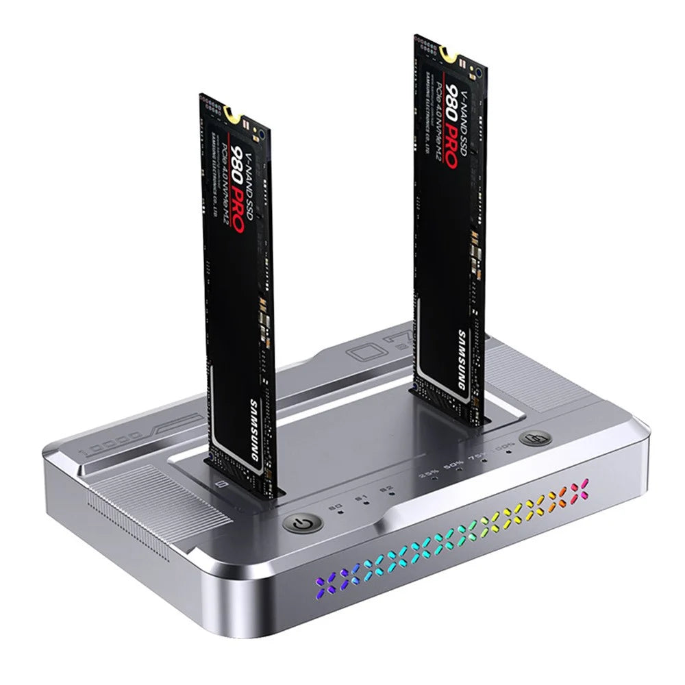 Dual Bay M.2 SSD Cloning Dock, 10Gbps NVMe to NVMe Offline Clone, One-Key Copy Type-C 3.2 Enclosure, Dual Drive Read - Silver - 1