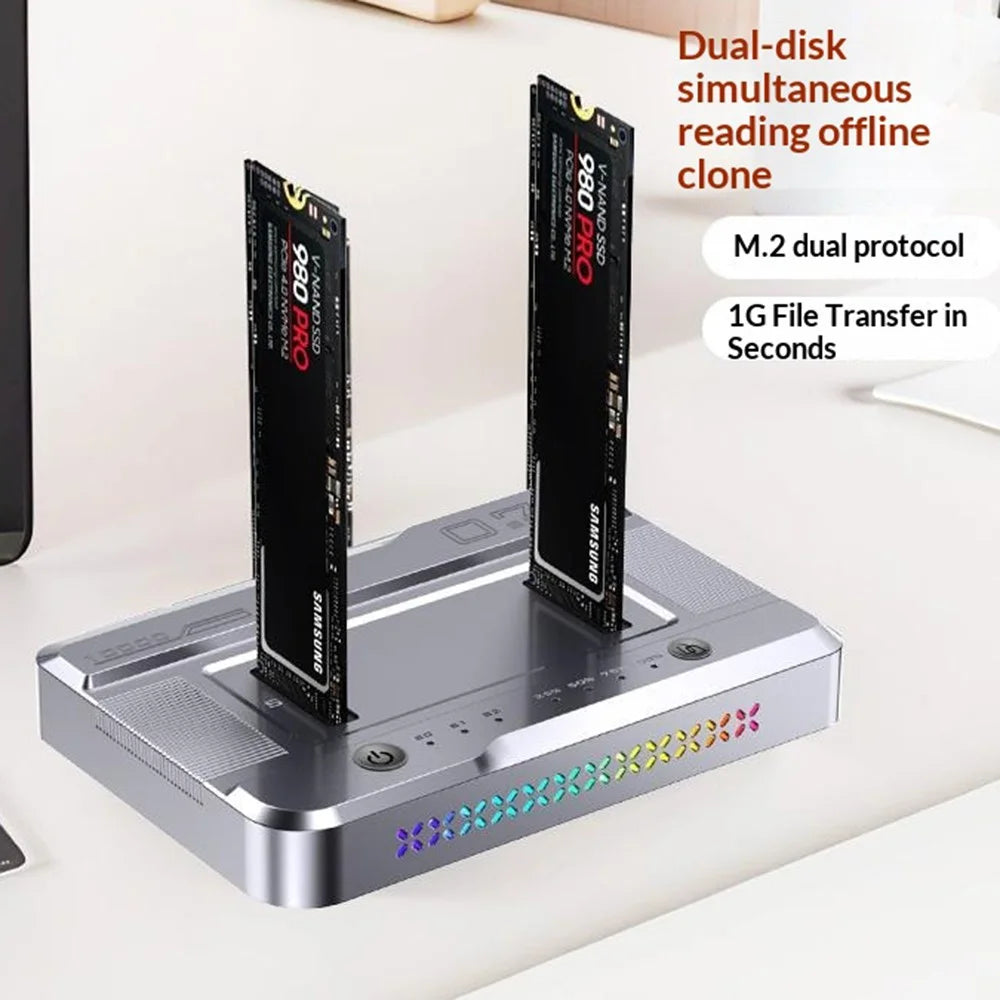 Dual Bay M.2 SSD Cloning Dock, 20Gbps NVMe to NVMe Offline Clone, One-Key Copy Type-C 3.2 Enclosure, Dual Drive Read - Silver - 2