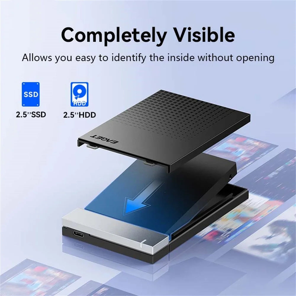 EAGET E51 2.5 Inch External Hard Drive Enclosure Type-C to USB-A Cable Tool-Free 5Gbps SSD & HDD Hard Drive Case - Black - 2
