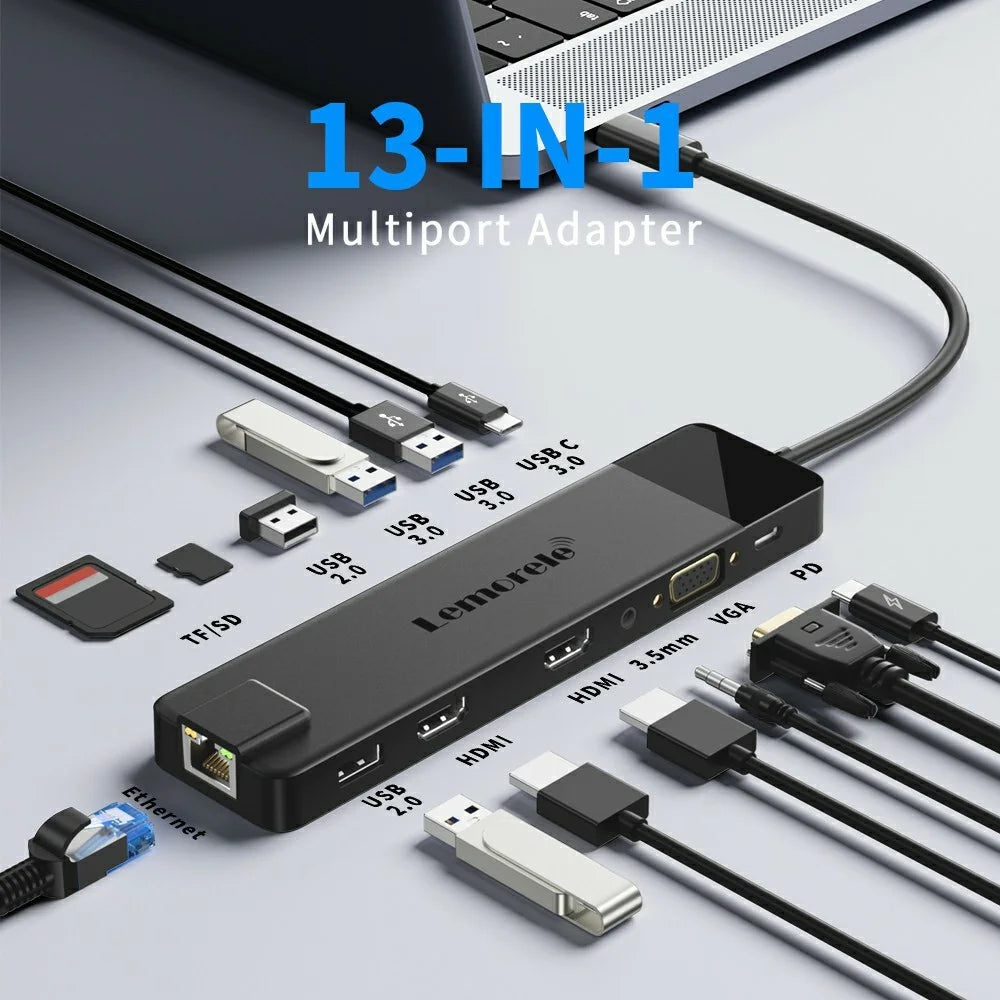 LEMORELE TC100 13 in 1 USB-C Hub Adapter Multi-Port Docking Station with HD / VGA / Ethernet / USB / TF Card Slots for Laptop / PC - 2