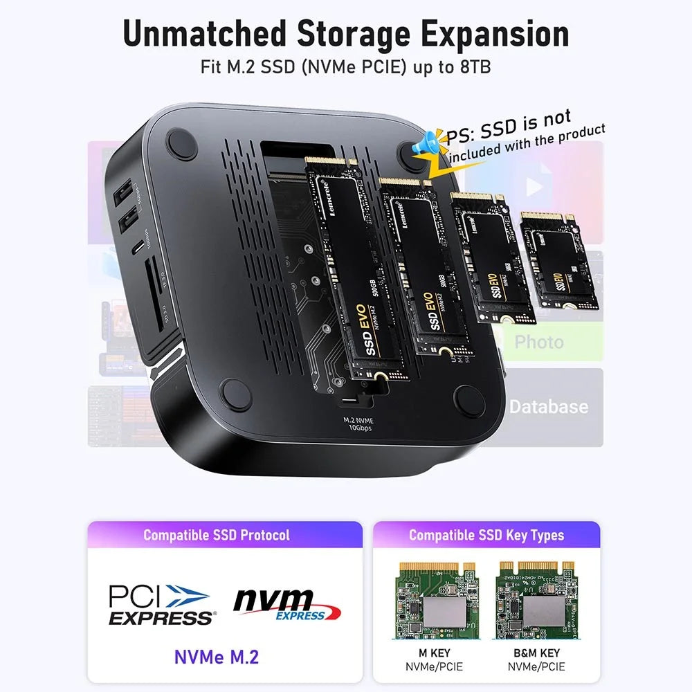 LEMORELE TC800 9-in-1 USB-C Hub for Mac Mini M4 / M4 Pro USB TF SD Card 10Gbps M.2 NVMe SSD Slot Dual 4K 60Hz Expansion Dock - Black - 3