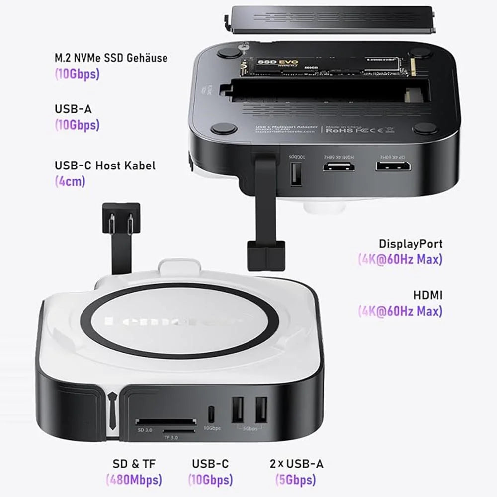 LEMORELE TC800 9-in-1 USB-C Hub for Mac Mini M4 / M4 Pro USB TF SD Card 10Gbps M.2 NVMe SSD Slot Dual 4K 60Hz Expansion Dock - Black - 4