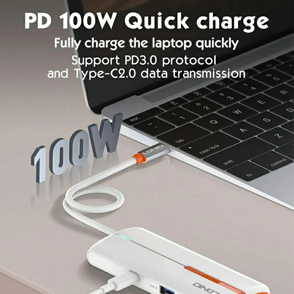 LDNIO DS-26U 6 in 1 USB-C Hub Dock 1000Mbps Ethernet + PD 100W Fast Charging + 3 5Gbps USB 3.0 + USB 2.0 Type-C Adapter - Black - 5