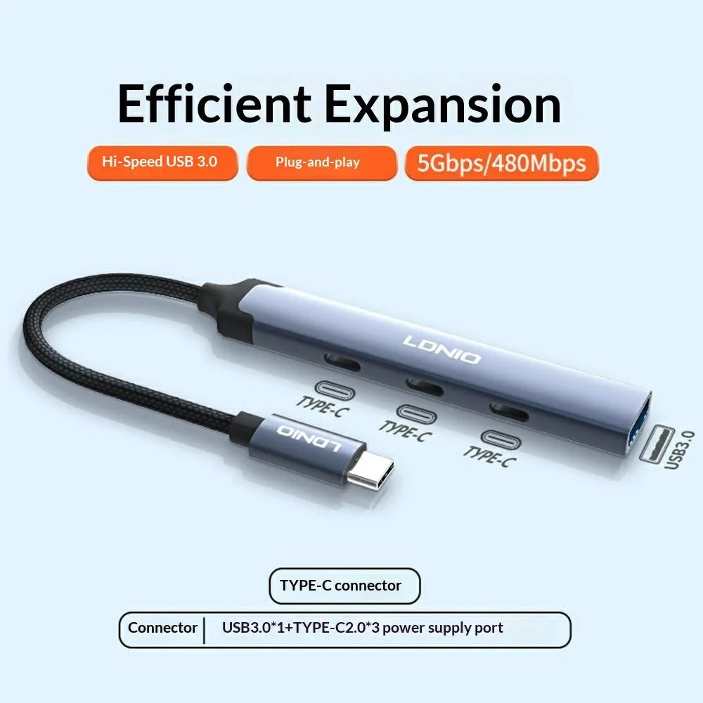 LDNIO DS-74C 4 in 1 USB-C Hub USB 3.0 + 3x Type-C 2.0 Adapter for Laptop Tablet Phone - Grey - 2