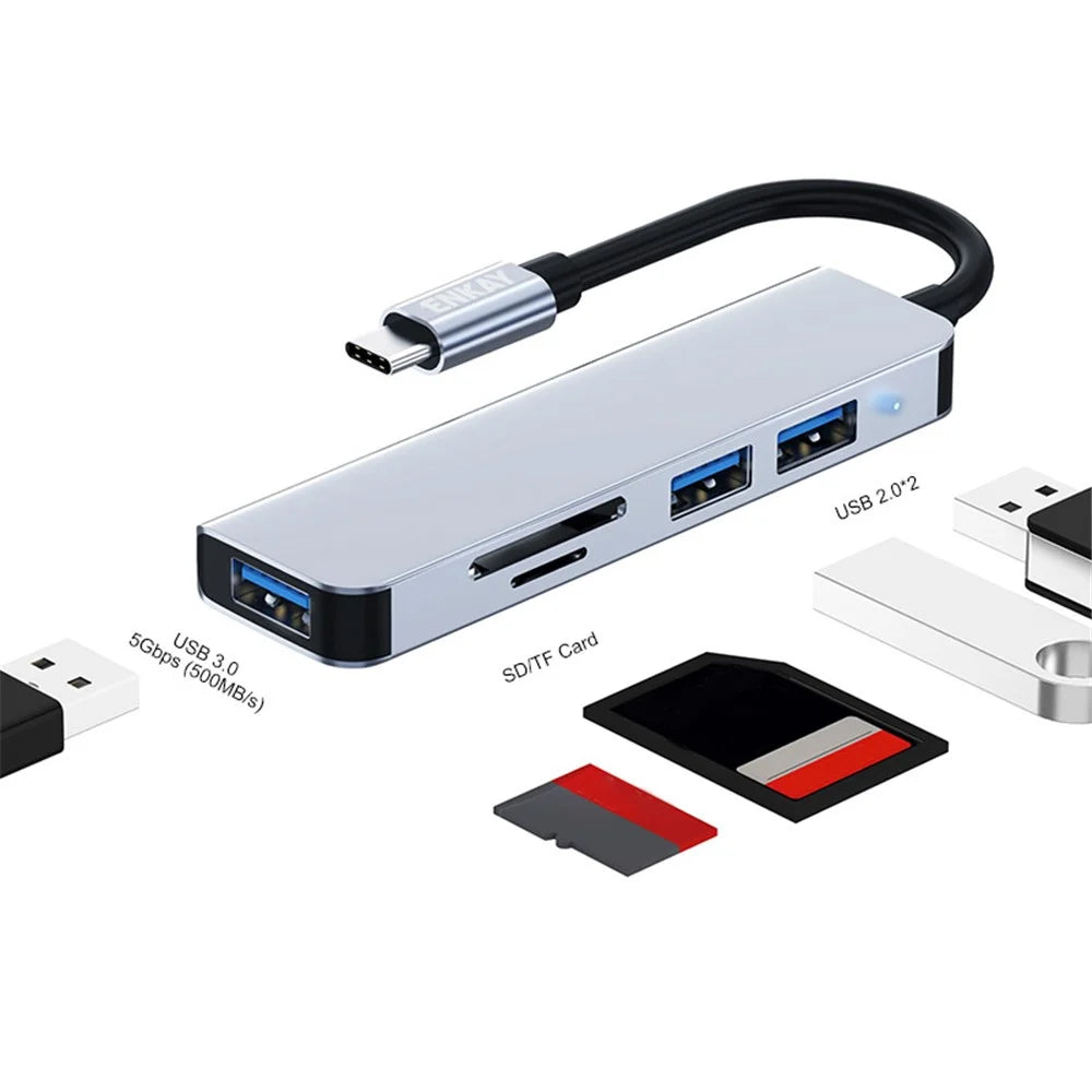 ENKAY HAT PRINCE Type-C Hub Adapter 5-in-1 Multi-Port Converter to USB3.0 + 2xUSB2.0 + SD / TF Card Reader Compatible with Type-C Devices and OS Systems - 2