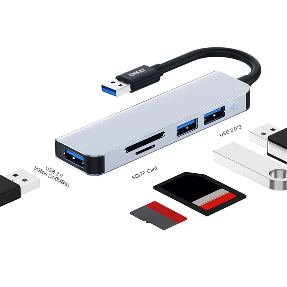 ENKAY HAT PRINCE 5-in-1 USB Hub Multi-Port Adapter Converter to USB3.0 + 2xUSB2.0 + SD / TF Card Reader for Extended Monitor PC Laptop Desktop - 2