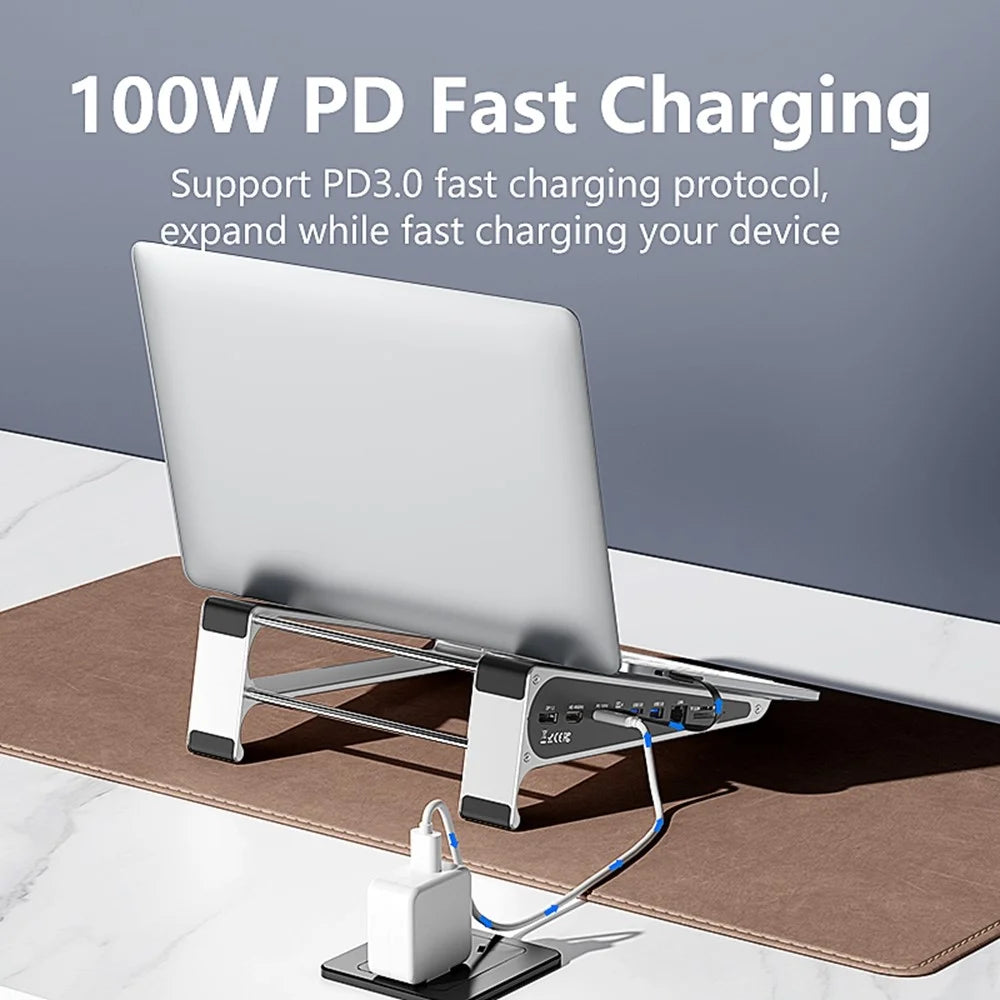 BLUEENDLESS ST809 8 in 1 Laptop Stand Type-C Hub with DP 1.2 + RJ45 + 4K 60Hz HD + PD 100W + 2 USB 3.0 + TF Card Reader - Silver Grey - 3