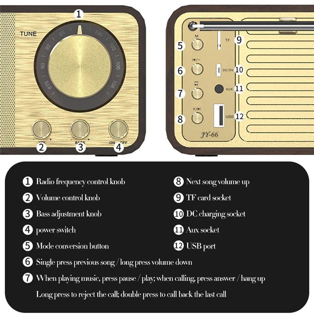 JY-66 Retro Wooden Wireless Bluetooth-compatible 5.0 Speaker Super Bass Subwoofer FM Radio Support TF Card U Disk Aux In (CE Certificated) - 7