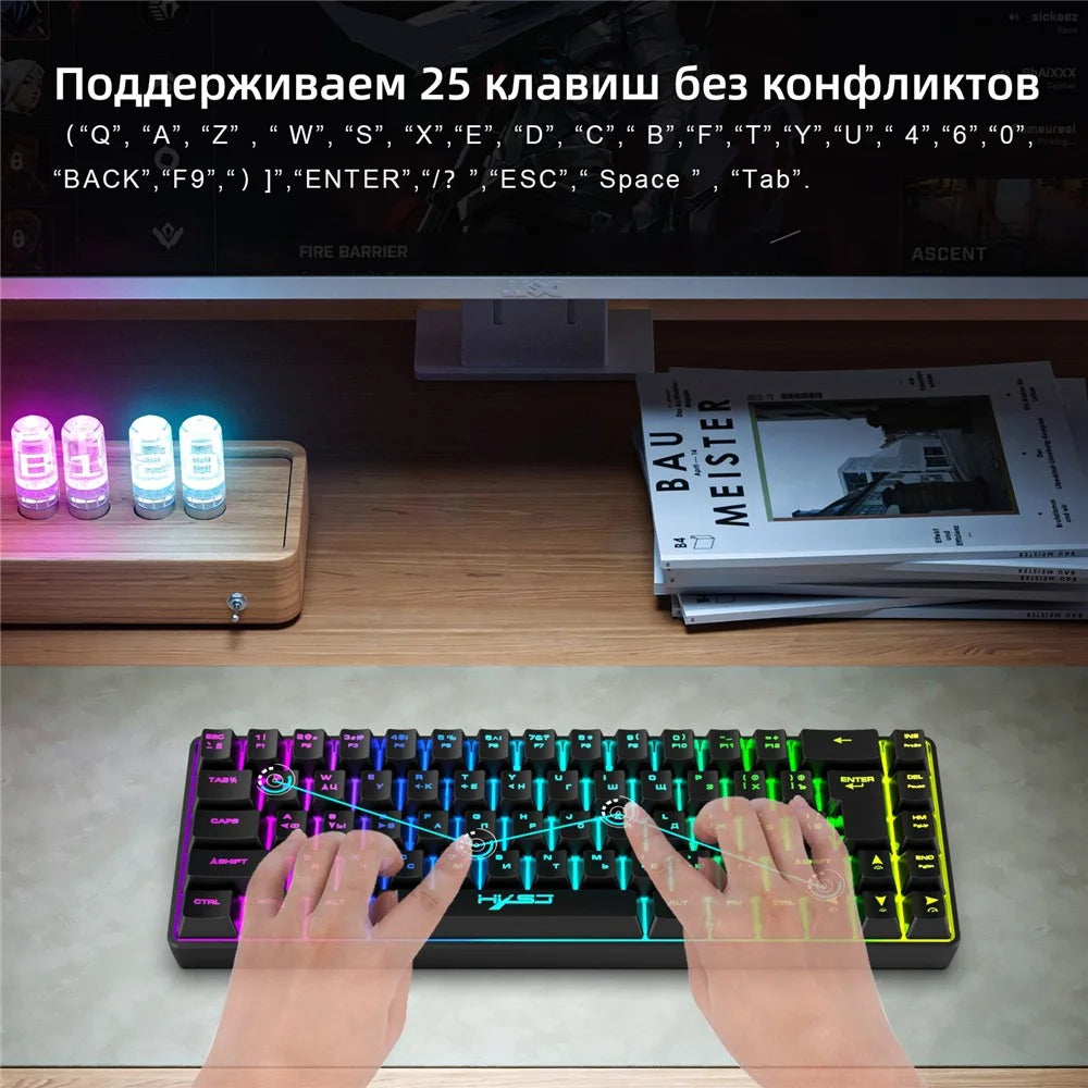 HXSJ V200 Russian Version 68 Keys Wired Membrane Keyboard with RGB Backlight Ergonomic Gaming Keyboard - Black - 5