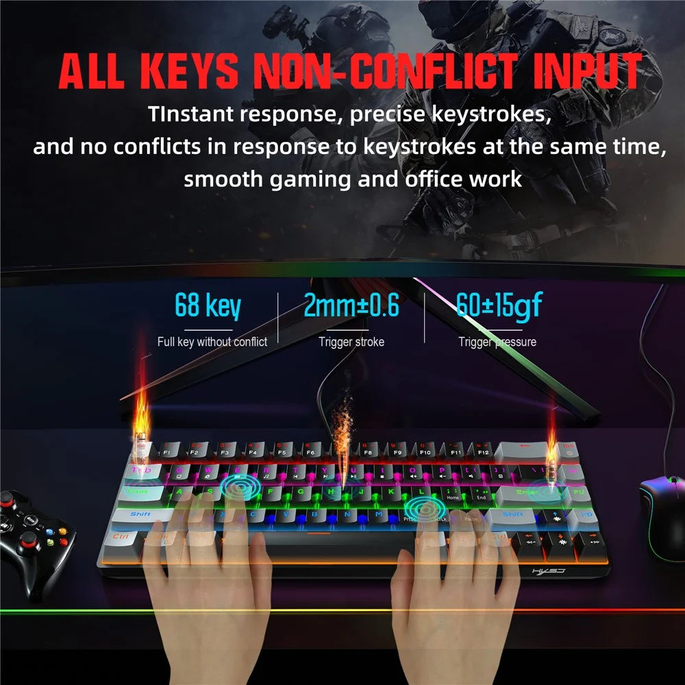HXSJ V800 68 Keys Mechanical Keyboard with Backlit for Gaming Office - Black/Blue Switch - 5