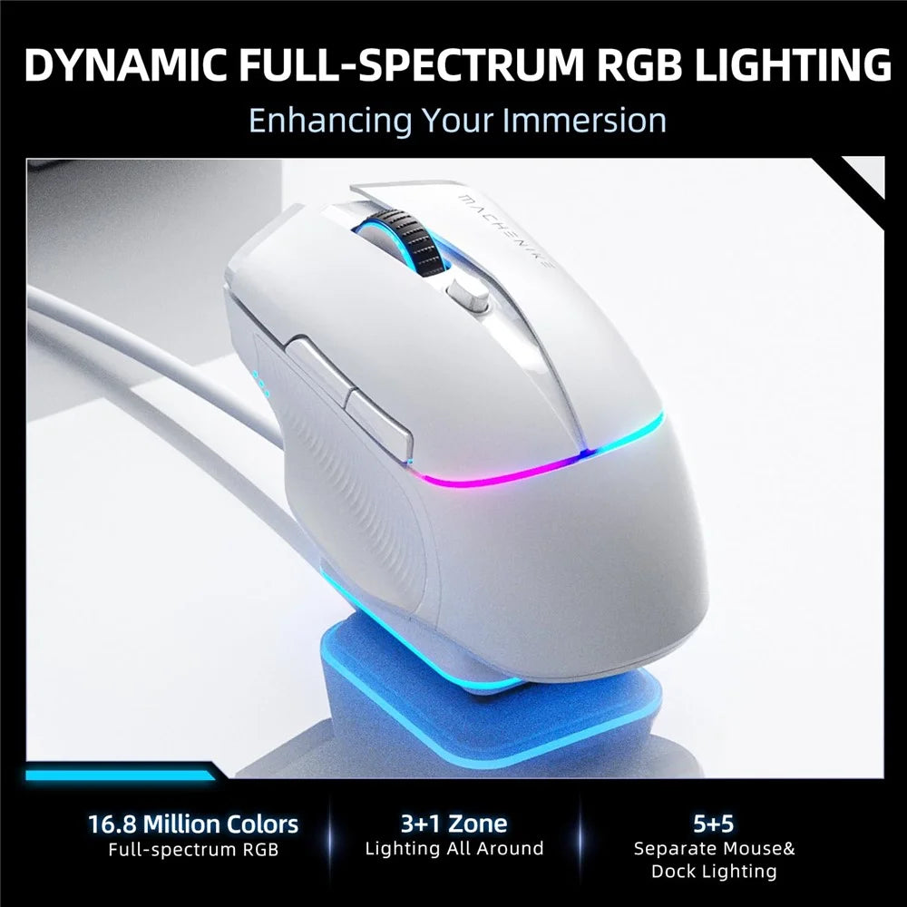 MACHENIKE L8 Pro Wired / Bluetooth-compatible / 2.4G Wireless Mouse RGB Light Computer Laptop Mice with Charging Base - White - 2