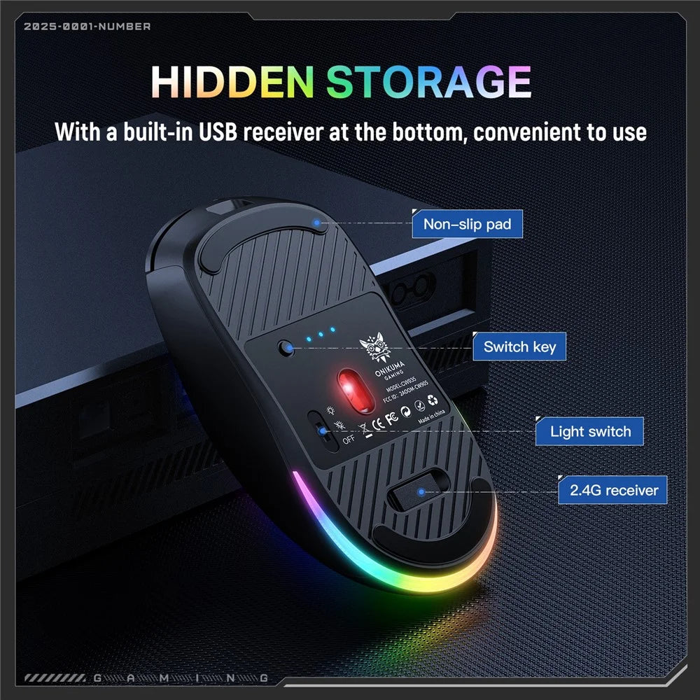 ONIKUMA CW935 Three Mode Gaming Mouse RGB 12800 DPI Bluetooth-compatible Wireless 2.4G Mouse - Black - 7