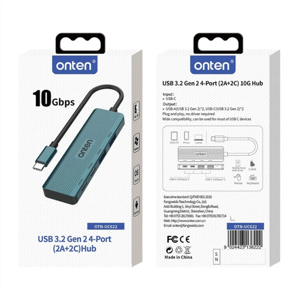 ONTEN UC622 15cm Cable Type-C to 2USB+2Type-C Ports 10Gbps USB Hub Splitter Laptop Phone Adapter - Green - 7