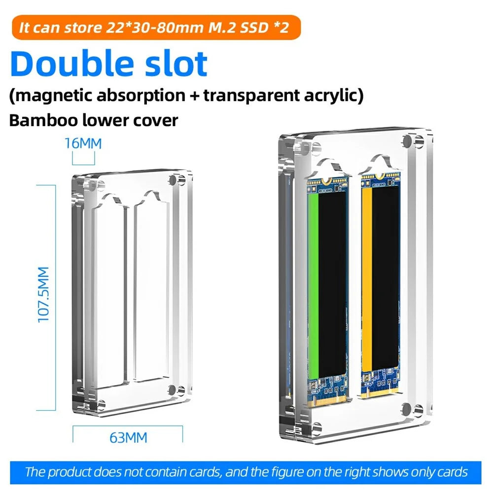 AJCX02M2 M.2 SSD Transparent Magnetic Storage Case 2-Slot SATA Organizer Acrylic Protection Box - 6