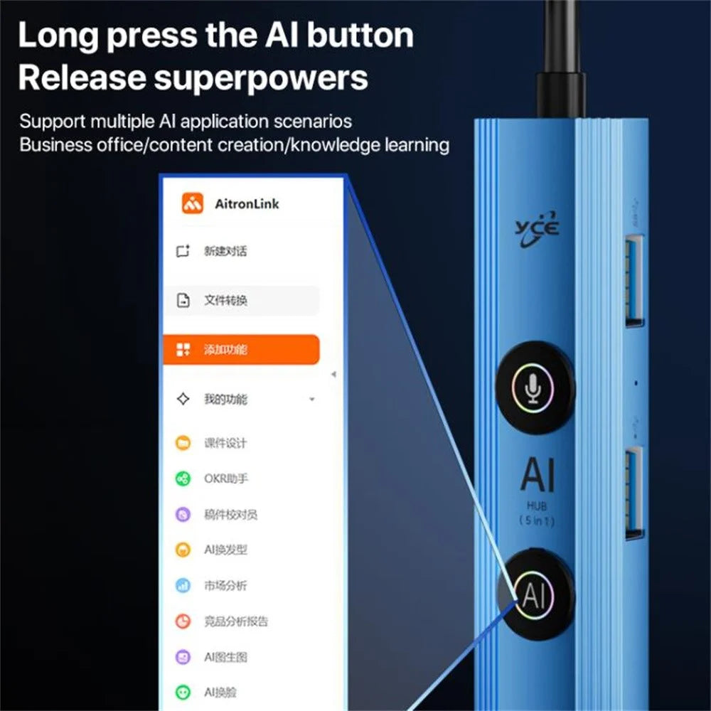 YCE V295B 5 in 1 USB 3.0 / Type-C Dual Head Hub Multifunctional Voice Recognition Smart AI Expansion Dock - Blue - 6