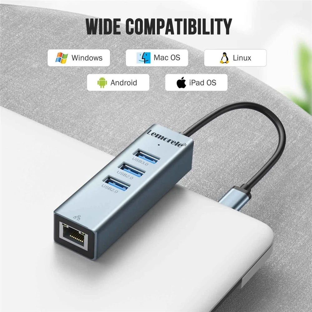 LEMORELE TC43L 4 in 1 USB-C Hub with USB 3.0 + 2 USB 2.0 + RJ45 Gigabit Ethernet Adapter for Laptop MacBook - Silver Green - 4