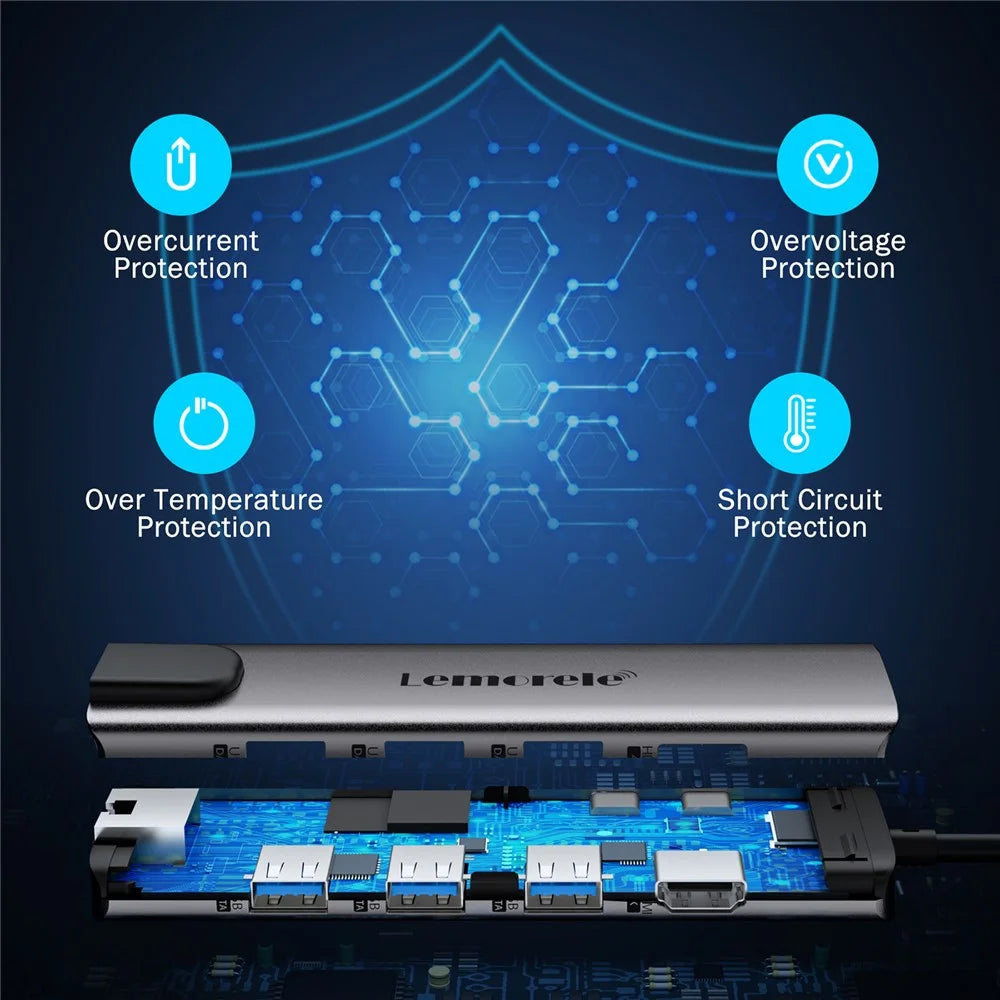 LEMORELE TC39 9 in 1 USB-C Hub Docking Station, RJ-45 Ethernet + 4K HD + Dual USB-C + SD + TF + 3 USB 3.0 + Type-C PD - Silver Grey - 6