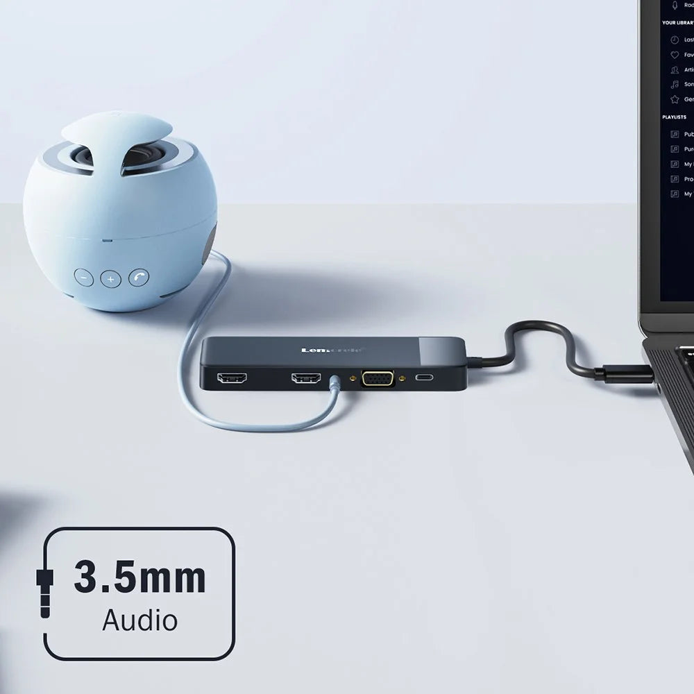 LEMORELE TC94 10-in-1 USB-C Hub Type-C to Dual HD+VGA+USB 3.0x2+USB 2.0+3.5mm Audio+Type-C PD 100W Fast Charging SD TF Card Reader Converter for Laptop - Black - 3