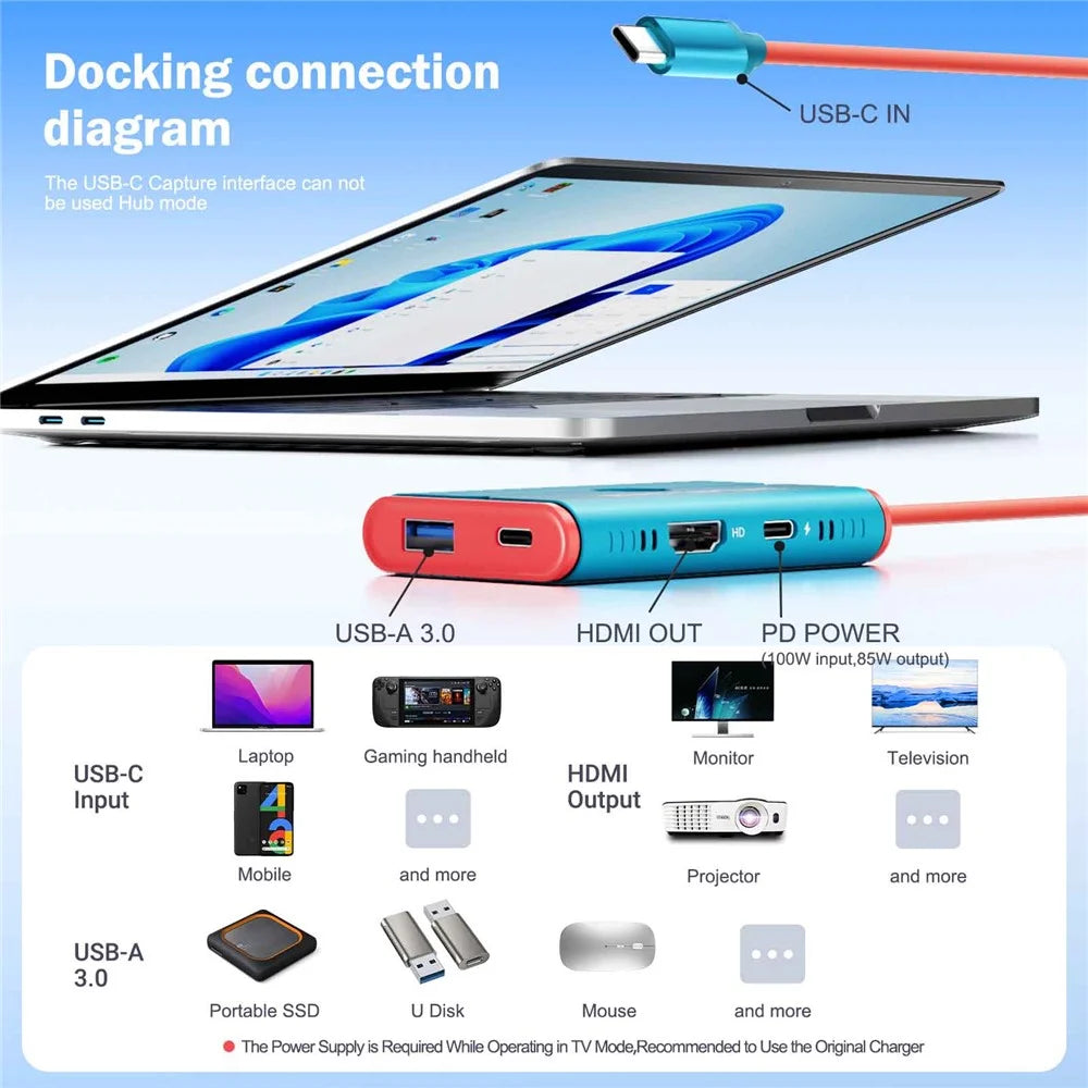 LEMORELE AC08 Video Capture Card HD 1080P 60Hz USB-C to HD Gaming Recorder Adapter with USB-A Port - Blue - 7
